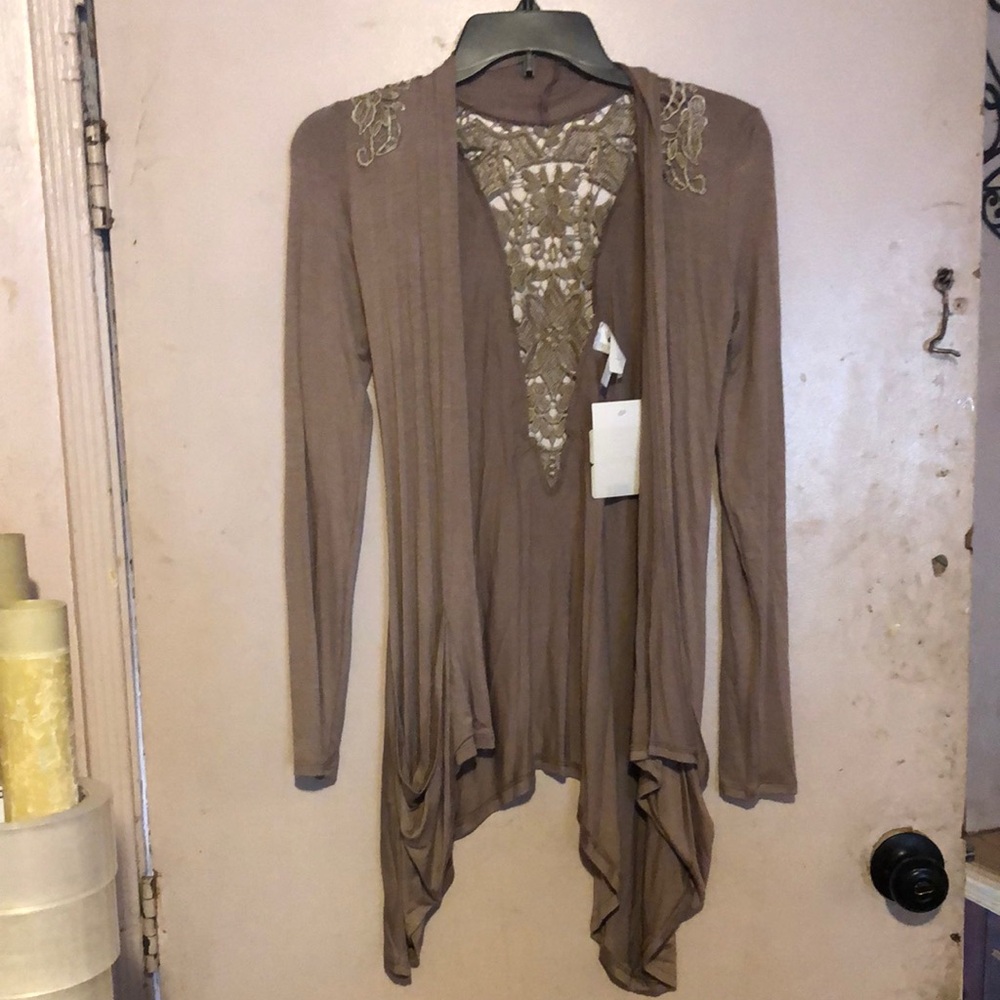 Gray Long Sleeve Cardigan with Lace Detail